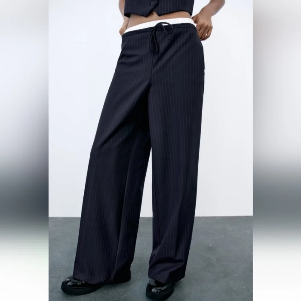 NWT Zara Navy Pinstripe Straight-Leg Pants - Picture 3 of 13
